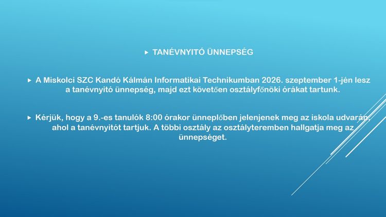 Tájékoztató tanévnyitó ünnepségről 