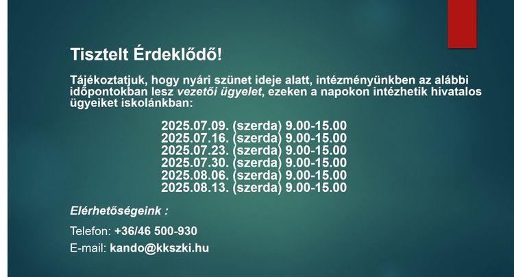 Intézményi ügyeleti rend 